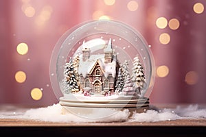 Snow globe with a cozy winter house, surrounded by snowy pines, under a sparkling pinkish glow.