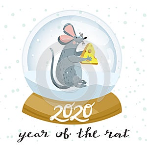 Snow globe and cute mouse with cheese. Rat is Chinese symbol 2020 year.