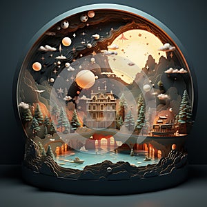 Snow globe with fairy tale castle in the forest.