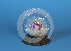 Snow globe with falling snowflakes and gift. Realistic transparent glass sphere on wooden pedestal. Magic glass sphere