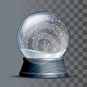 Snow globe with falling snowflakes. Realistic transparent glass sphere