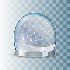 Snow globe with falling snowflakes. Realistic transparent glass sphere