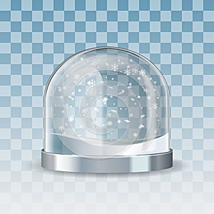 Snow globe with falling snowflakes. Realistic transparent glass sphere
