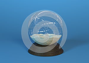 Snow globe with falling snowflakes. Realistic transparent glass sphere on wooden pedestal. Magic glass sphere on dark