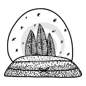 Snow globe with fir-tree in cartoon doodle linear style. Hand drawn toy glass gift for Christmas and New Year