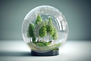 Snow globe with forest inside. Ecology concept. Generative AI
