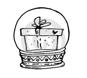 snow globe gift box balloon with ribbon bow and heart hand drawn in Doodle style black outline on white background. vector new