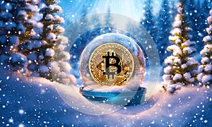Snow globe with golden bitcoin on winter forest background