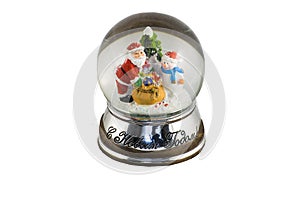 Snow globe with happy snowman and Santa Claus