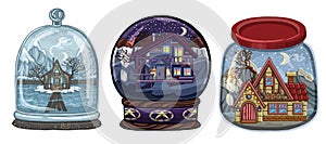 Snow globe with house, building. Set symbol. icon