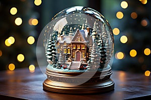 Snow globe with house and christmas tree on bokeh background Generative AI Generative AI