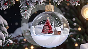 Snow globe with house and christmas tree, close up photo