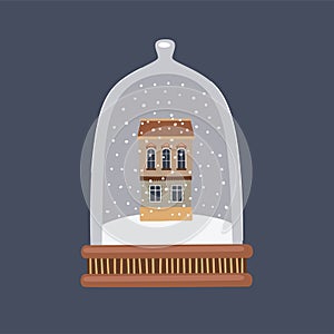 Snow globe with a house and snow. Winter theme. Vector cartoon illustration