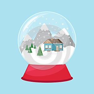 A snow globe with a house, snowdrifts and mountains inside. Cute toy, a symbol of winter, new year and Christmas. Illustration in