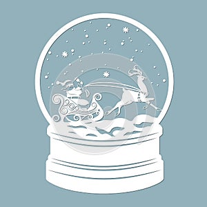 A snow globe, snow inside and a Christmas tree with santa claus, reindeer. Santa claus. Laser cut. Vector illustration. Pattern
