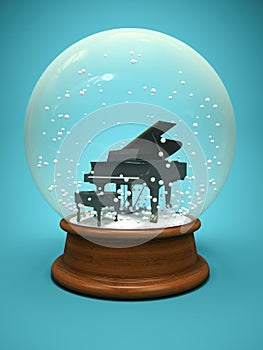 Snow globe with piano on a blue background 3D illustration