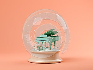 Snow globe with piano on a pink background 3D illustration