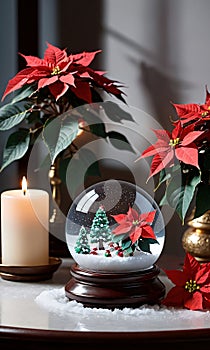 A Snow Globe And Poinsettias On A Table With The Shadows Cast By Candleligh. Generative AI