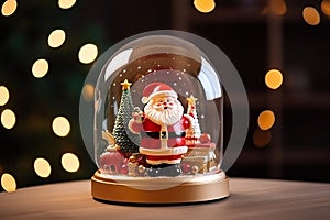 Snow globe with Santa Claus on bokeh background. Generative AI.