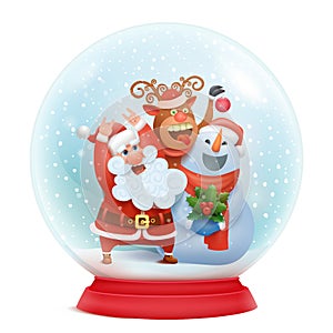 Snow globe with santa claus, snowman and reindeer. Christmas card concept