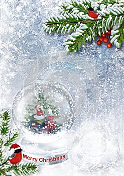 Snow globe with Santa on frost background