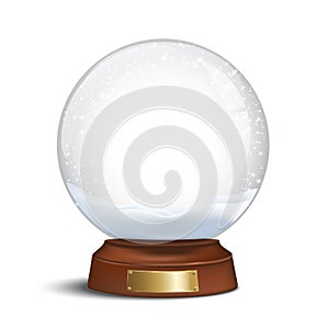 Snow globe with shiny snow and golden badge on brown wooden base. Vector Christmas design element.