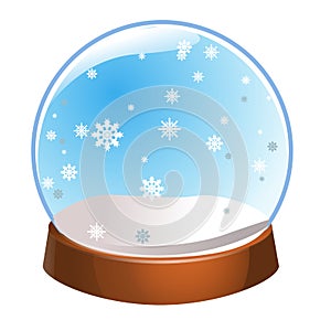Snow globe with snowflakes inside isolated on white background. Christmas magic ball. Snowglobe illustration. Winter in gla