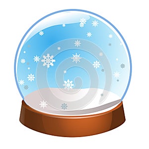 Snow globe with snowflakes inside isolated on white background. Christmas magic ball. Snowglobe illustration. Winter in glass ball