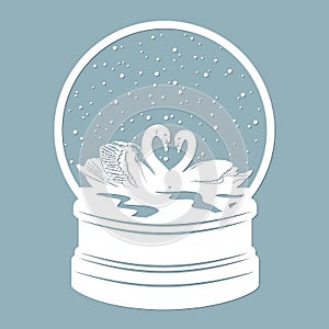 Snow globe, swans and snow inside. Laser cut. Vector illustration. Pattern for the laser cut, plotter and screen