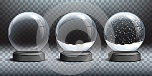 Snow globe templates. Empty glass snow globe and snow globes with snow on transparent background. Vector Christmas and photo