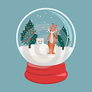 Vector illustration isolated on a light background snow globe with a tiger symbol of 2022, a snowman, a Christmas tree.