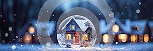 Snow globe with tiny modern house inside near big real cozy house with lights in windows in winter. Gift dream for Christmas, New