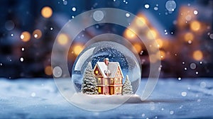 Snow globe with tiny modern house inside near big real cozy house with lights in windows in winter. Gift dream for Christmas, New