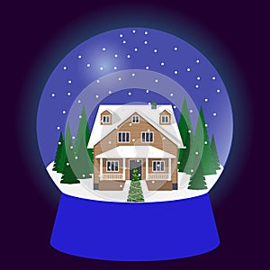 Snow globe, traditional Christmas gift. Christmas souvenir, glass ball with beautiful house surrounded by trees in snow. Vector il