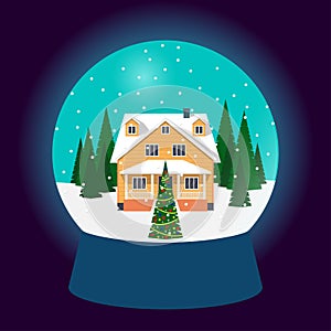 Snow globe, traditional Christmas gift. Christmas souvenir, glass ball with beautiful house surrounded by trees in snow. Vector il