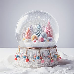 Snow globe on a white background decorate with handmade pompons