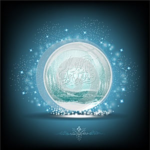 Snow globe with winter forest landscape on blue