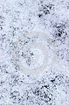 Snow grains and snowflakes are sprinkled on a black background. Freshly fallen snow, winter day