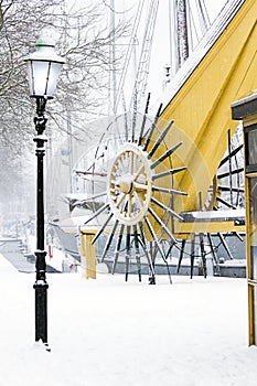 Snow in harbor in winter