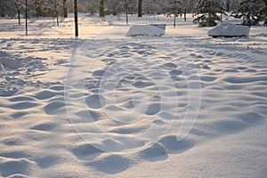 Snow hills and bench