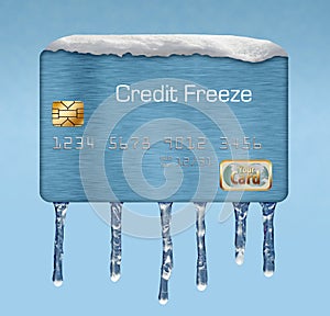 Snow and ice on a credit card illustrate the theme of putting a freeze on your credit report.