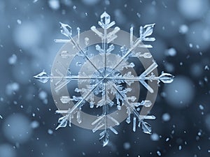 snow ice crystal shape macro snowflake falling on cold winter night christmas blue background