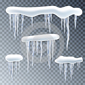 Snow, ice cup, icicles. Snowflakes background. Realistic transparent elements. Isolated. Vector