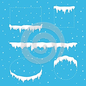 Snow ice icicle set for square, circle, ellipse and rectangle forms. Winter snow caps with ice. Winter decor.