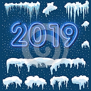 Snow ice icicle set Winter design. 2019 Christmas snow template. Snowy frame decoration isolated on blue background. Cartoon style