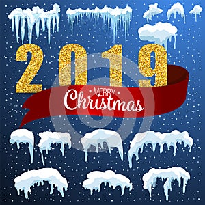 Snow ice icicle set Winter design. 2019 Christmas snow template. Snowy frame decoration isolated on blue background. Cartoon style