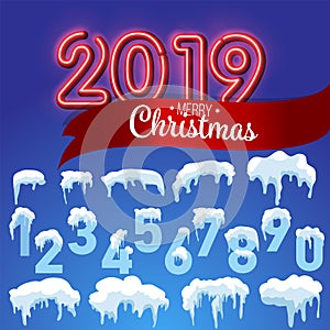 Snow ice icicle set Winter design. 2019 Christmas snow template. Snowy frame decoration isolated on blue background. Cartoon style