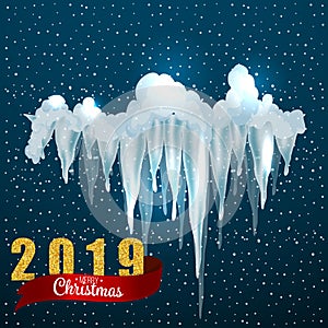 Snow ice icicle set Winter design. 2019 Christmas snow template. Snowy frame decoration isolated on blue background. Cartoon style