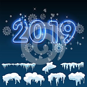 Snow ice icicle set Winter design. 2019 Christmas snow template. Snowy frame decoration on blue background. Cartoon style