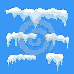 Snow ice icicle set Winter design. White blue snow template. Snowy frame decoration isolated on blue background. Cartoon